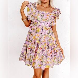 Avara Entro NWT Cotton Purple Floral Ruffle Sleeve Boutique Mini Dress Sz Small